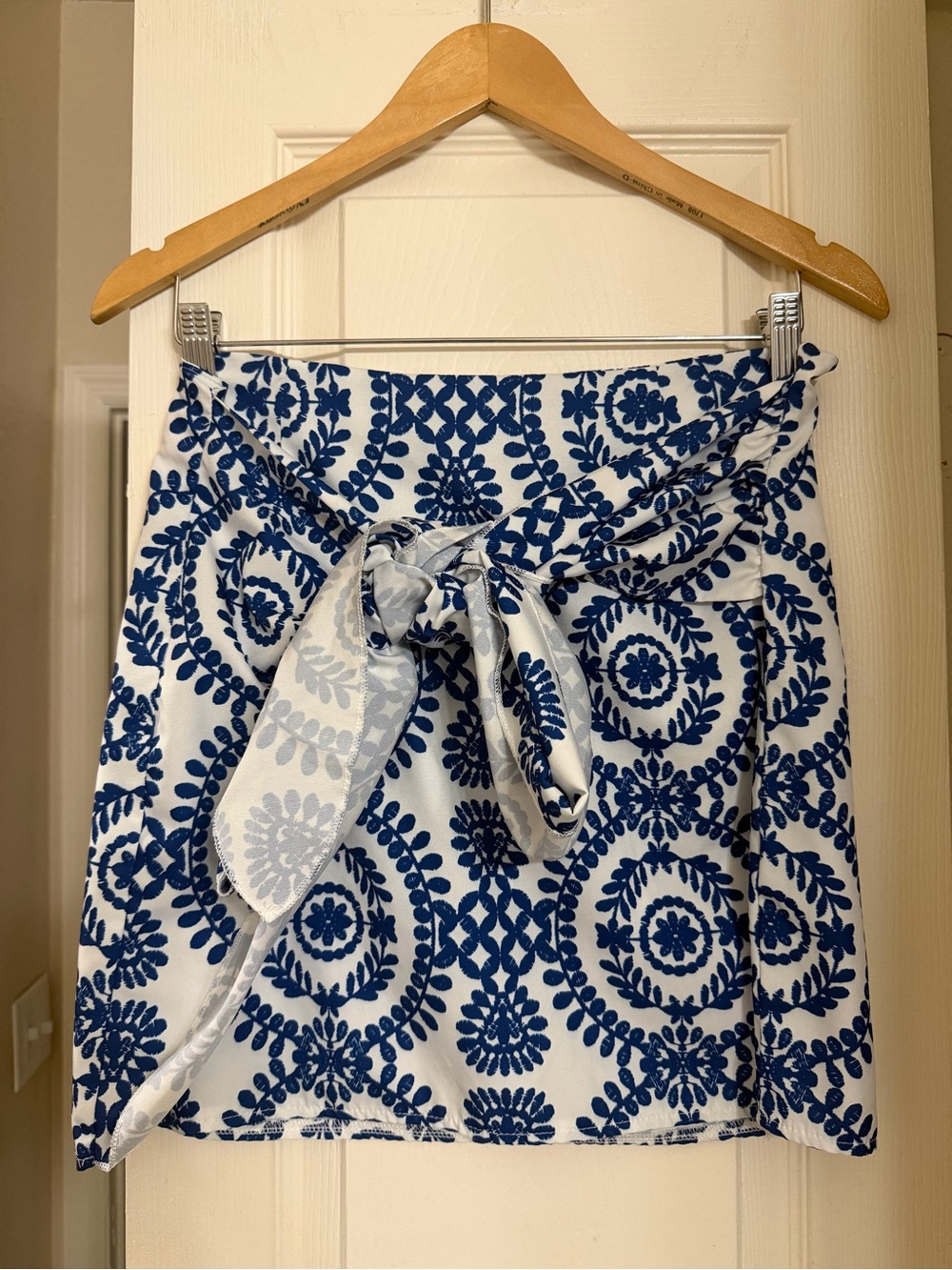SHEIN Blue & White Tie-Front Mini Skirt
